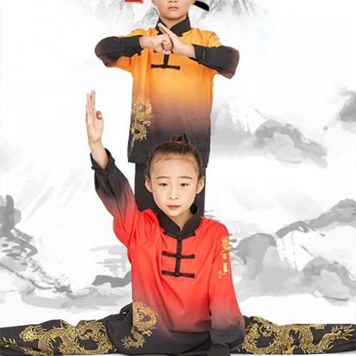 Children boys girls red gold Chinese kung fu wushu performance clothing martial arts Tai Chi training performance uniforms Chinese dragon lion dance competition wear for kids